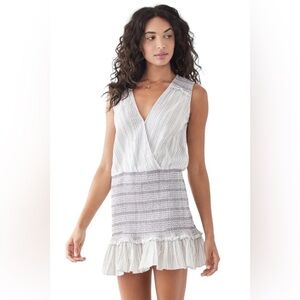 Veronica Beard Cox Smocked Mini Sleeveless Dress Off White Blue Size XS